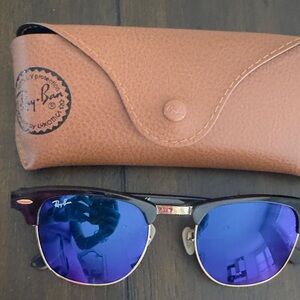 Ray-Ban Men’s Blue Lens Clubmaster Sunglasses with Brown Frame